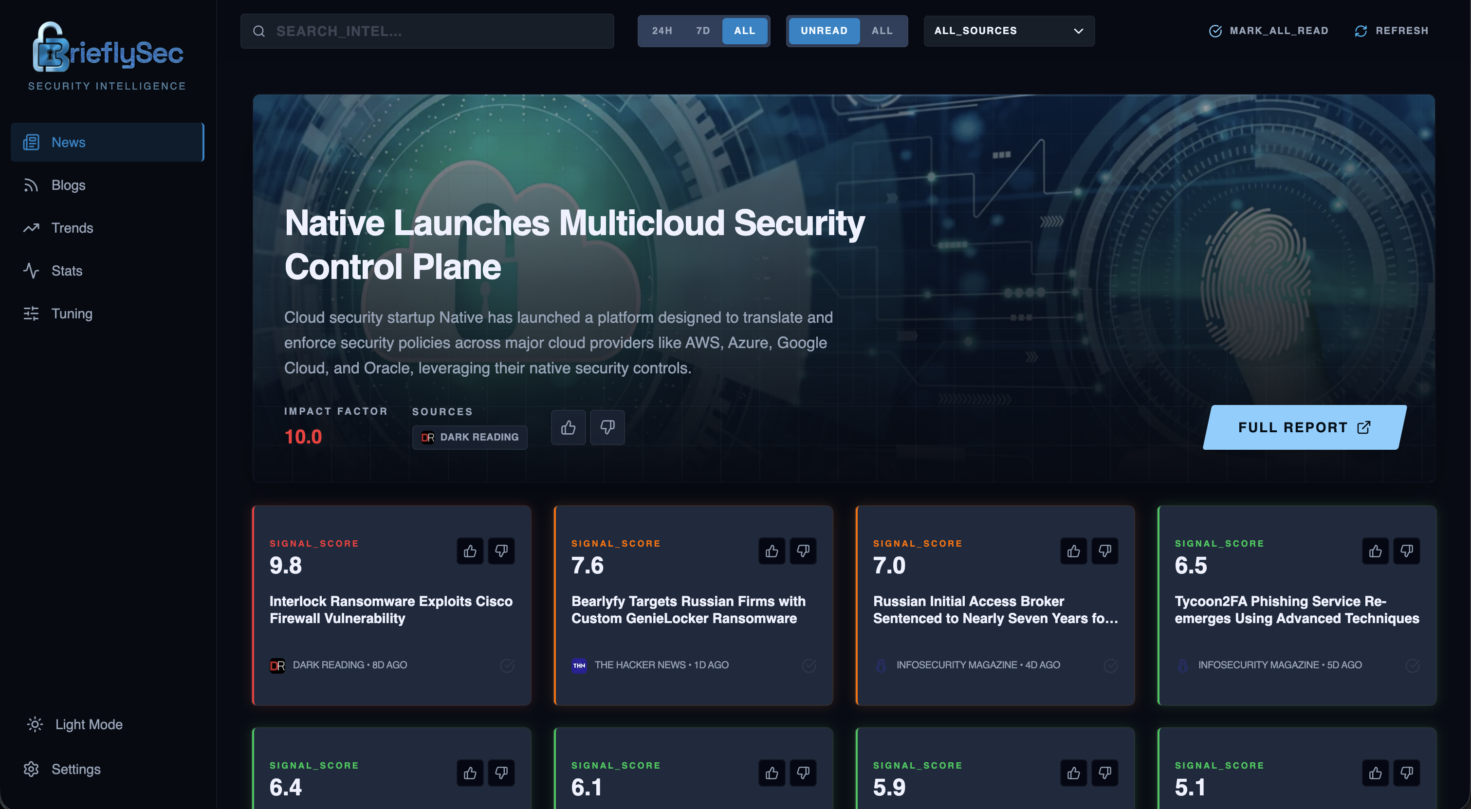 BrieflySec platform showing aggregated cybersecurity intelligence feed with AI-powered signal scoring